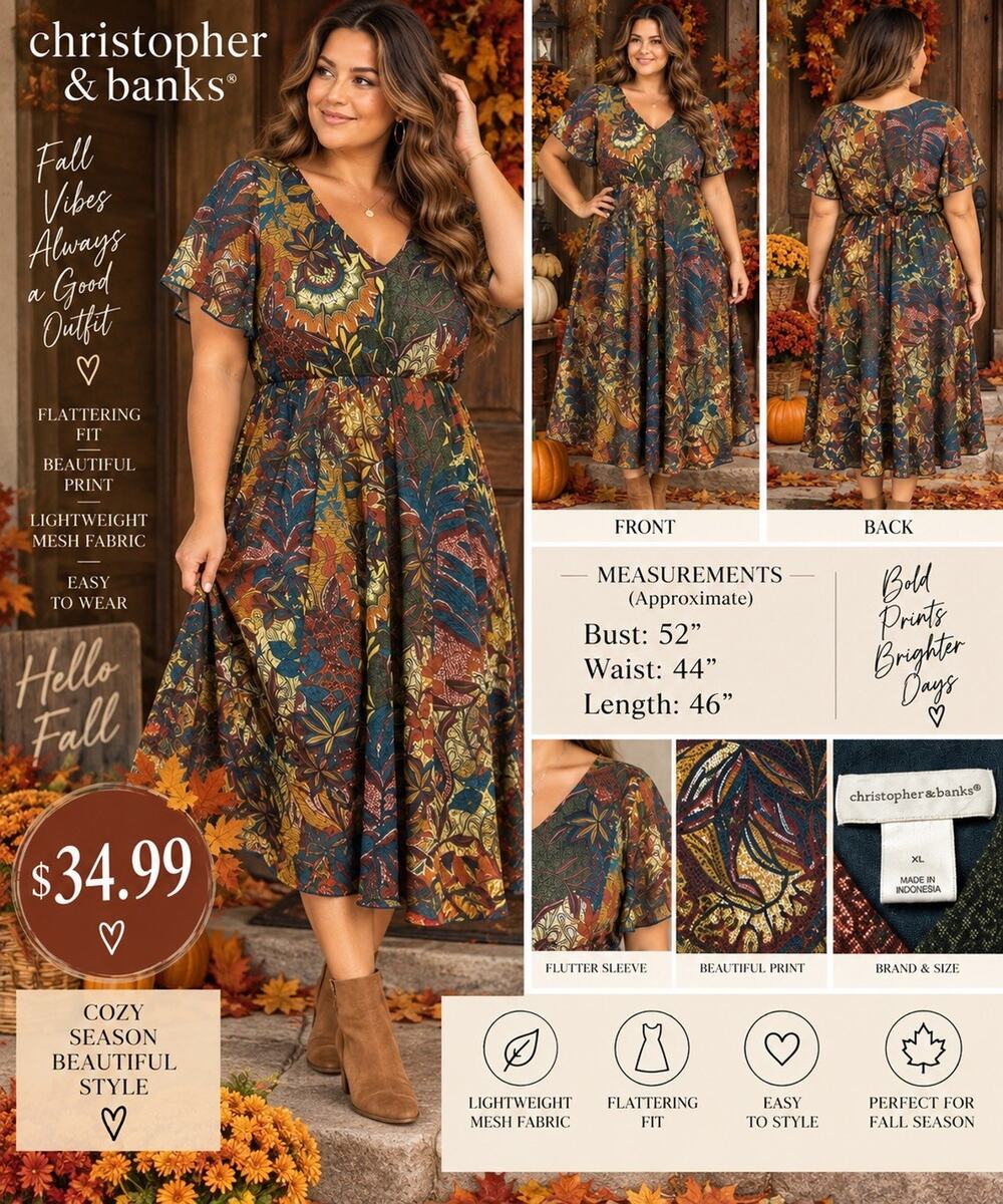 Christopher & Banks XL Floral Mesh Overlay Lined V-Neck Flutter Sleeve Midi EUC